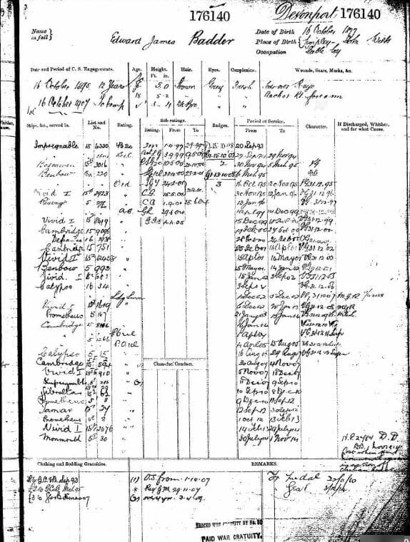 UK, Royal Navy Registers of Seamen's Services, 1848-1939 for Edward James Badder