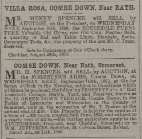 Villa Rosa and 10 Greendown Terrace for sale - Bath Chronicle and Weekly Gazette - Thursday 4 September 1890