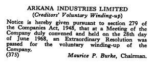 arkana industries winding up the london gazette 7 july 1968