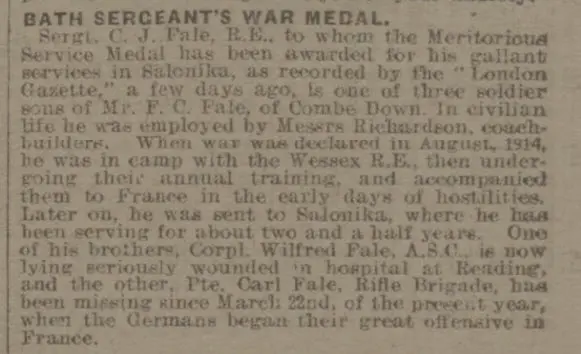 bath sergeant war medal bath chronicle and weekly gazette saturday 29 june 1918