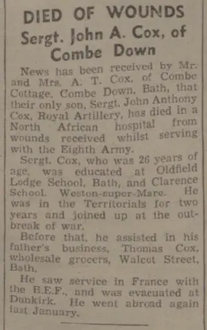 john a cox dies of wounds bath chronicle and weekly gazette saturday 4 december 1943