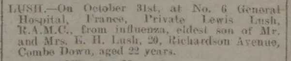 lewis lush death notice bath chronicle and weekly gazette saturday 9 november 1918