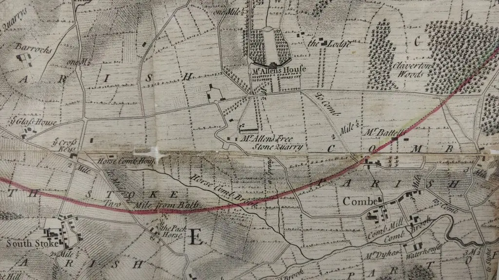 thorpe map of 1742 combe down and monkton combe area 1024x576