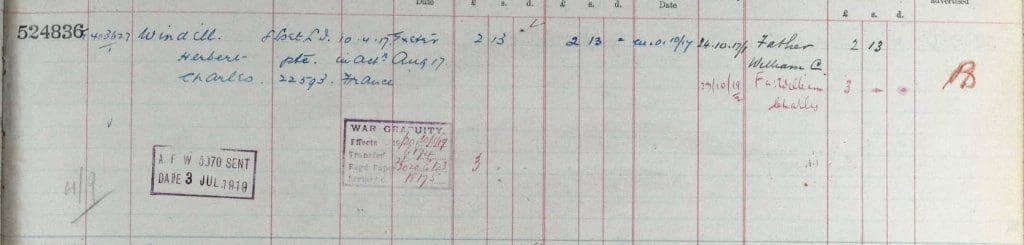 UK, Army Registers of Soldiers' Effects, 1901-1929 for Herbert Charles Windell