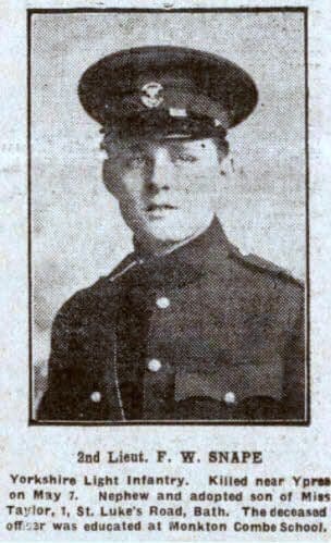 2nd Lt F W Snape - Bath Chronicle and Weekly Gazette - Saturday 15 May 1915