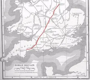 fosse way that ran diagonally across england from the roman cities of lincoln lindum colonia to exeter isca dumnoniorum in the south west after passing through bath aquae sulis 300x267