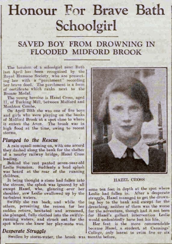 Saved boy from drowning, Hazel Cross - Bath Chronicle and Weekly Gazette - Saturday 20 June 1936