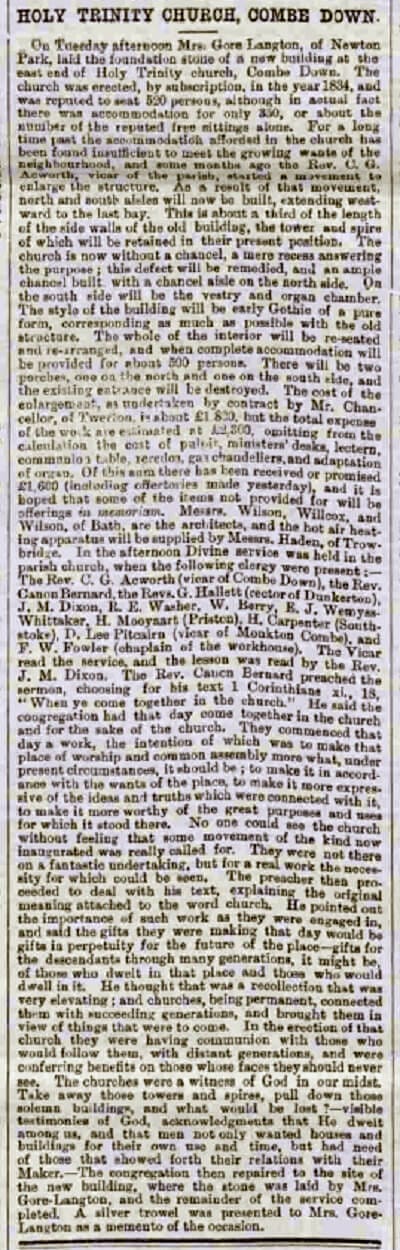 Holy Trinity Church, Combe Down - Bath Chronicle and Weekly Gazette - Wednesday 8 August 1883