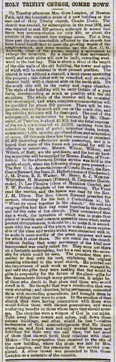 holy trinity church combe down bath chronicle and weekly gazette wednesday 8 august 1883