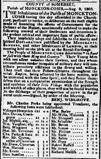 Benjamin Wingrove and Monkton Combe - Bath Chronicle and Weekly Gazette - Thursday 11 August 1803