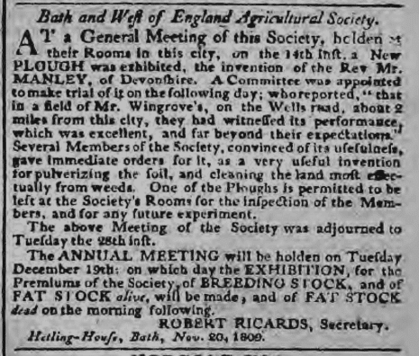 Benjamin Wingrove, Bath & West of England Agricultural Society - Bath Chronicle and Weekly Gazette - Thursday 23 November 1809