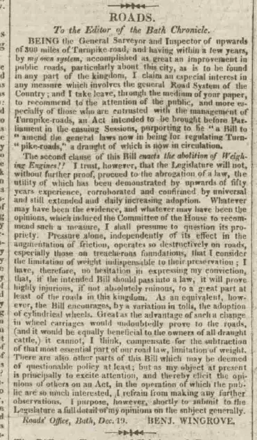 benjamin wingrove letter on roads bath chronicle and weekly gazette thursday 21 december 1820