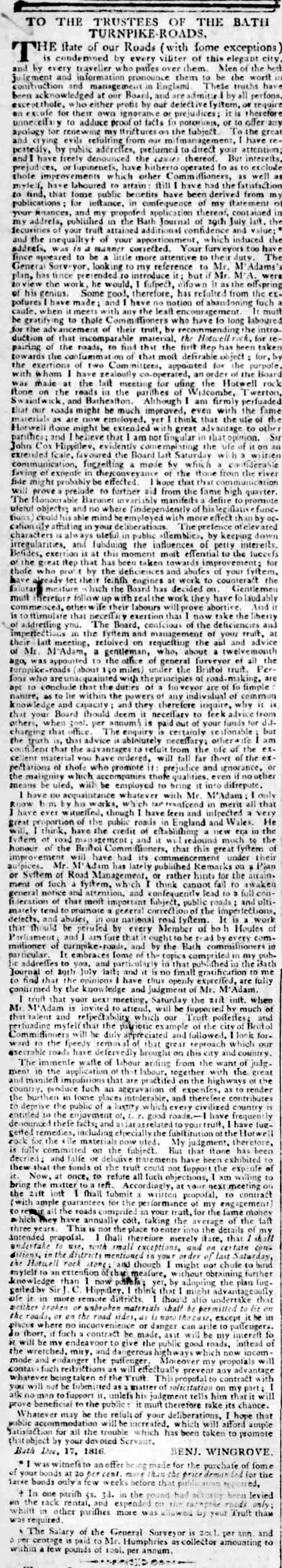 Benjamin Wingrove letter to turnpike trustees - Bath Chronicle and Weekly Gazette - Thursday 19 December 1816