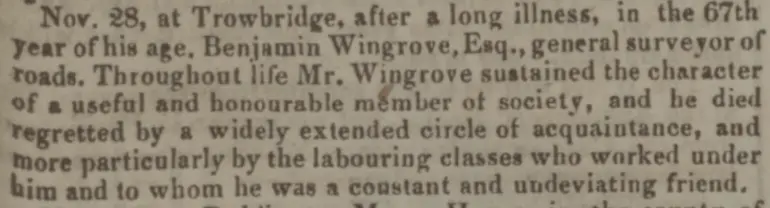 benjamin wingrove obituary bath chronicle and weekly gazette thursday 10 december 1840