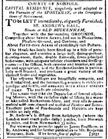 Benjamin Wingrove, St Andrew's Hall, Norfolk - Bath Chronicle and Weekly Gazette - Thursday 5 September 1805