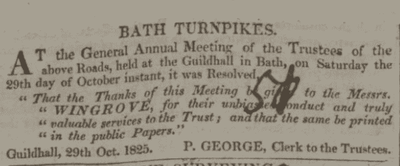 Turnpike trustee's thanks to Wingroves - Bath Chronicle and Weekly Gazette - Thursday 3 November 1825
