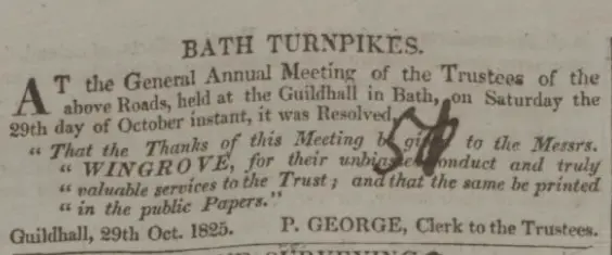 Turnpike trustee's thanks to Wingroves - Bath Chronicle and Weekly Gazette - Thursday 3 November 1825