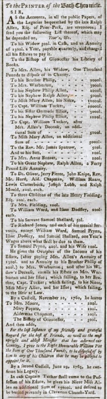 Ralph Allen bequests, Bath Chronicle and Weekly Gazette - Thursday 23 August 1764