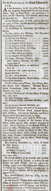 ralph allen bequests bath chronicle and weekly gazette thursday 23 august 1764
