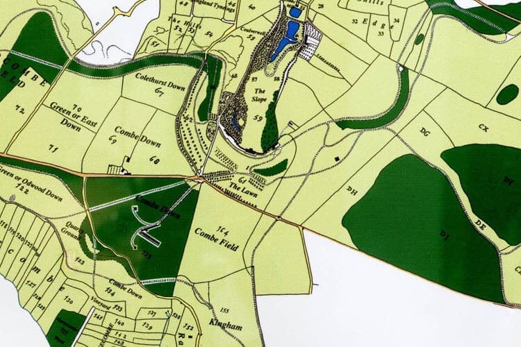 Combe Field - no 164. Section of a map of Ralph Allen's estates adapted from the original map in Bath Record Office by Maike Chapman and published by the Survey of Old Bath in 2007.