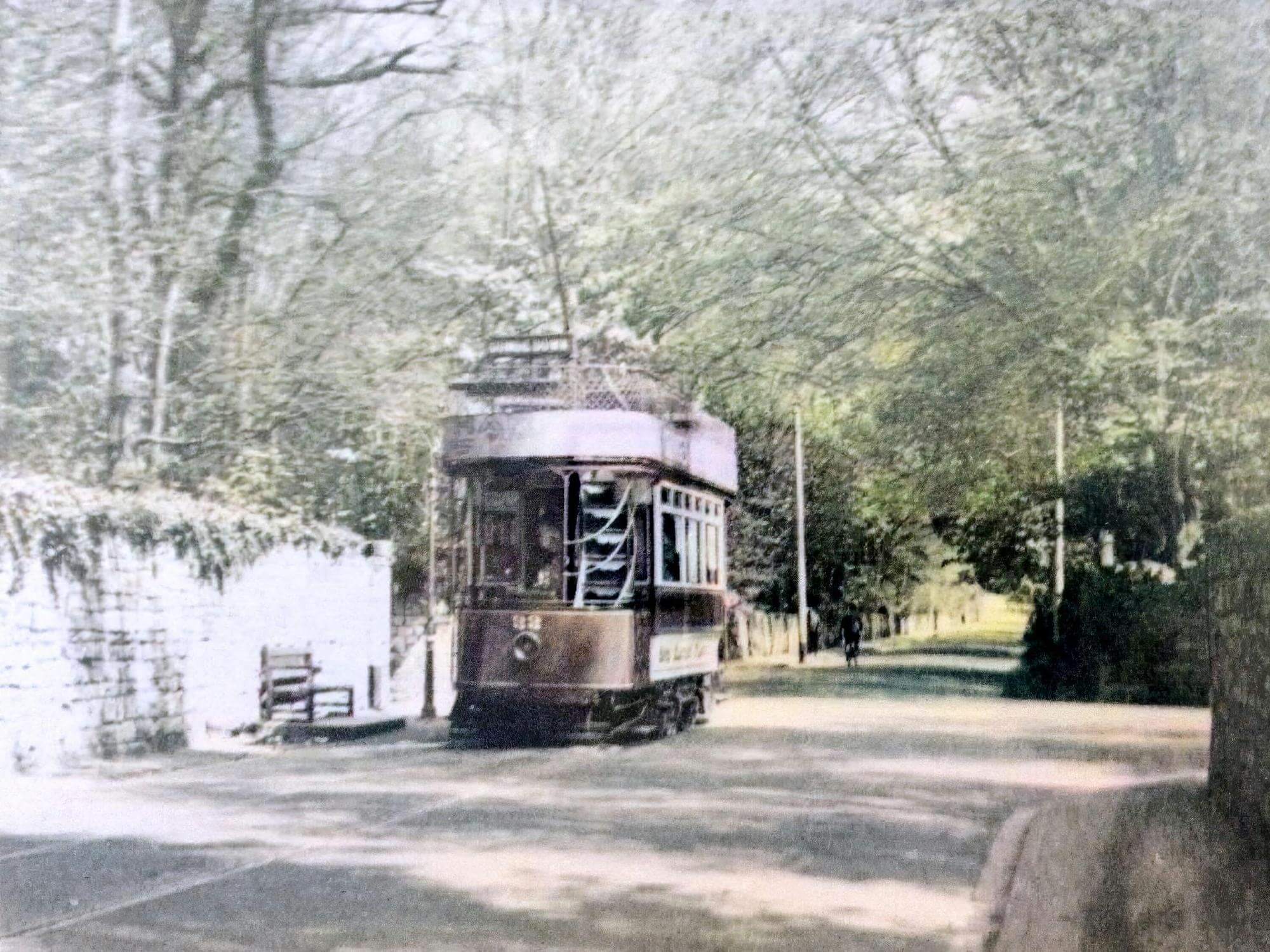 Tram on North Road by Shaft Road in Combe Down 