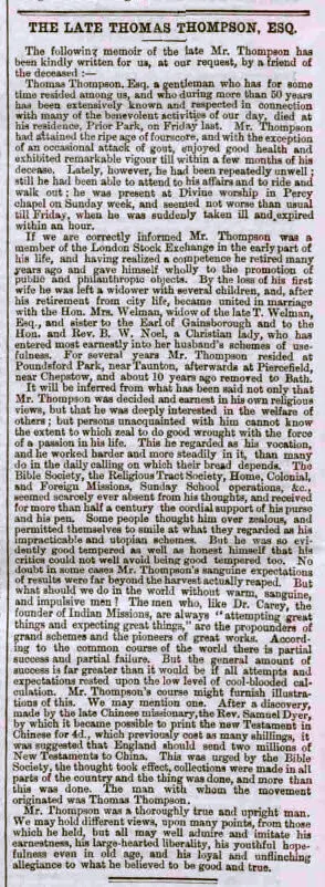 the late thomas thompson esq bath chronicle and weekly gazette thursday 14 december 1865