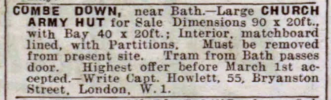 church army hut for sale combe down bath chronicle and weekly gazette saturday 2 february 1929