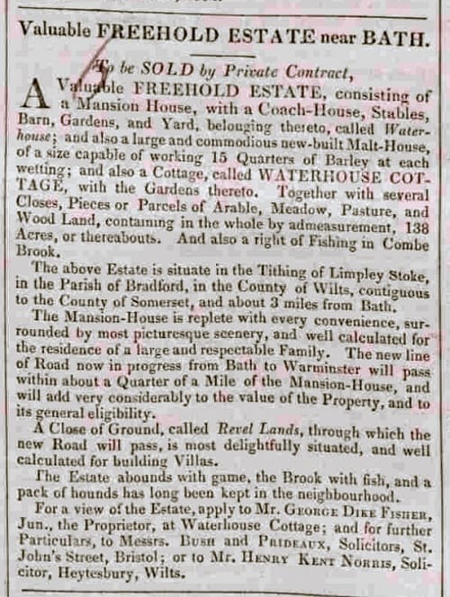 George Dike Fisher selling Waterhouse, Bath Chronicle and Weekly Gazette - Thursday 26 Jun 1834