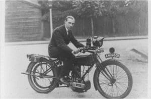 Roland Cross c1916 astride his 450cc Triumph side valve engine motorcycle 300x196